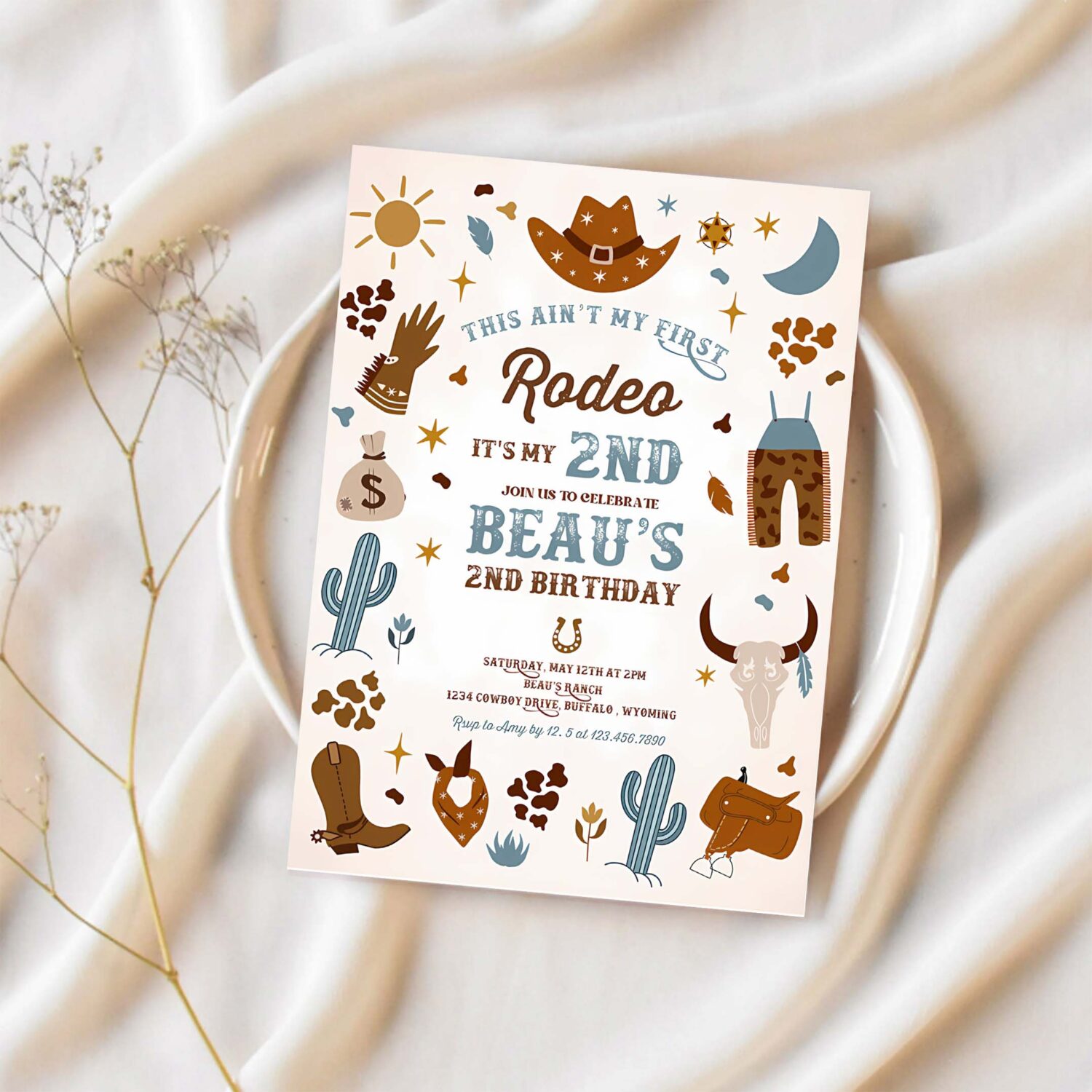 Editable second rodeo cowboy birthday party invitation blue wild west cowboy 2nd rodeo southwestern ranch birthday party instant download cw 1