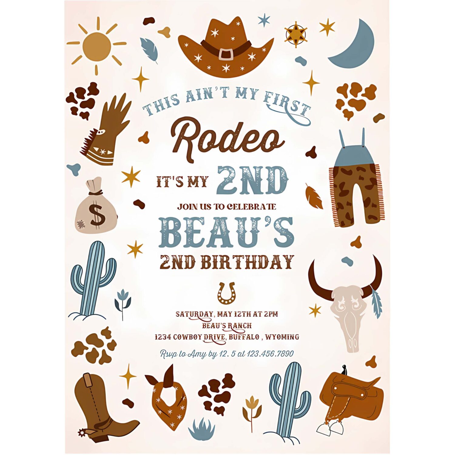 Editable second rodeo cowboy birthday party invitation blue wild west cowboy 2nd rodeo southwestern ranch birthday party instant download cw 4