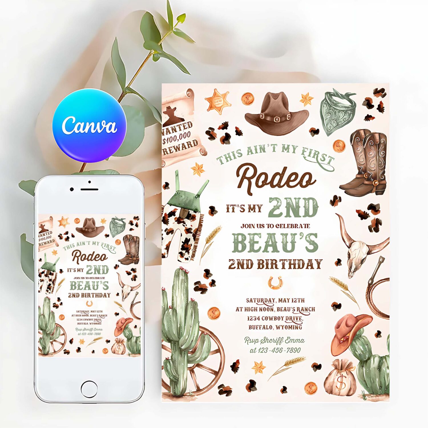 Editable second rodeo cowboy birthday party invitation wild west cowboy 2nd rodeo southwestern ranch birthday party instant download qo