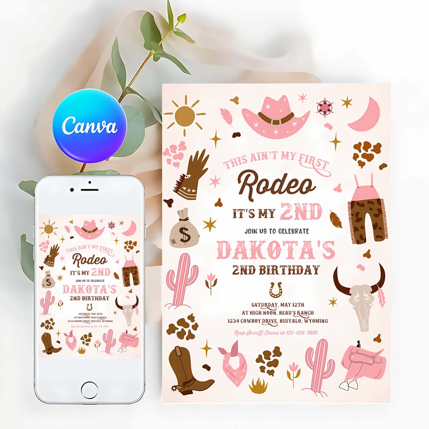 Editable second rodeo cowgirl birthday party invitation pink wild west cowgirl 2nd rodeo southwestern ranch birthday