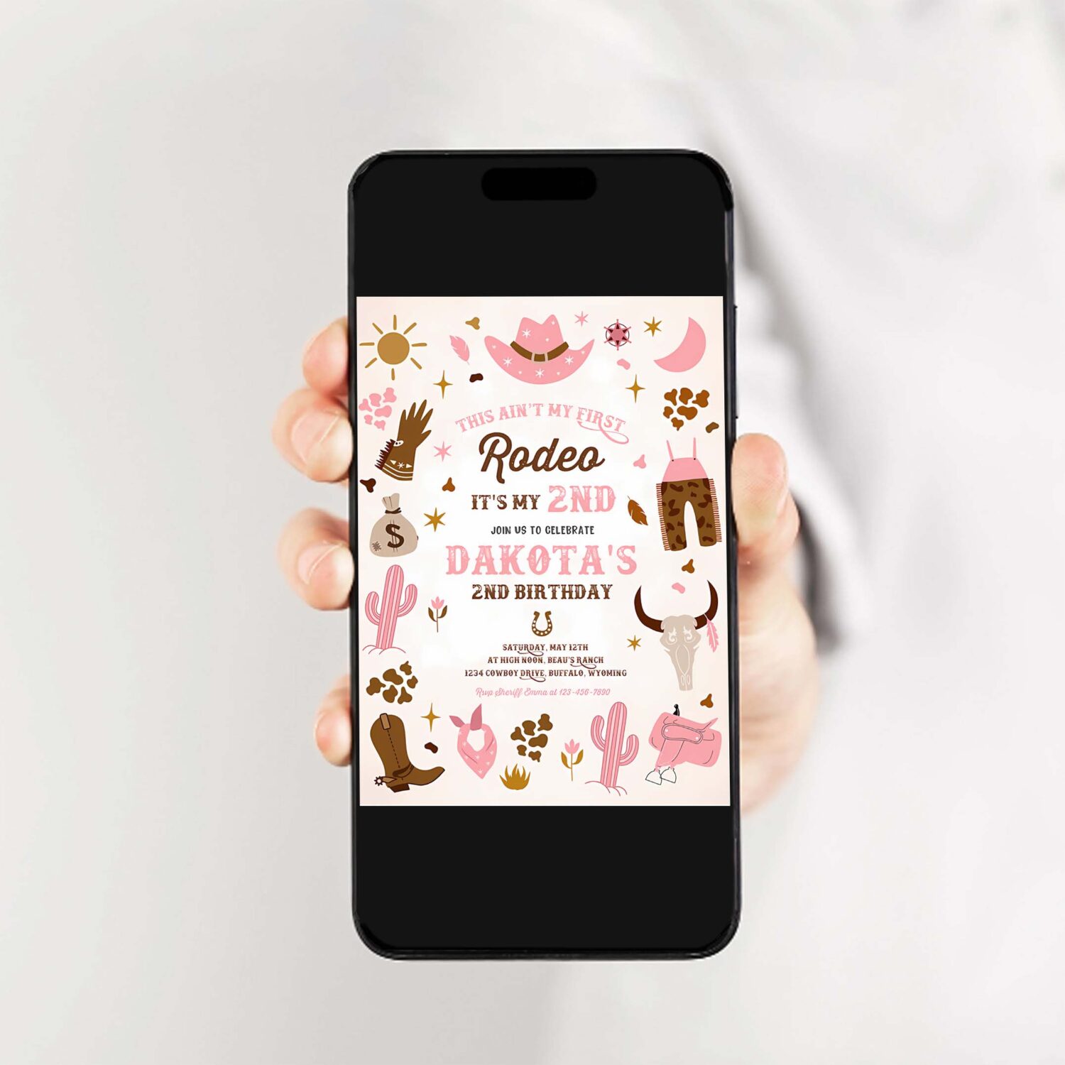 Editable second rodeo cowgirl birthday party invitation pink wild west cowgirl 2nd rodeo southwestern ranch birthday 2