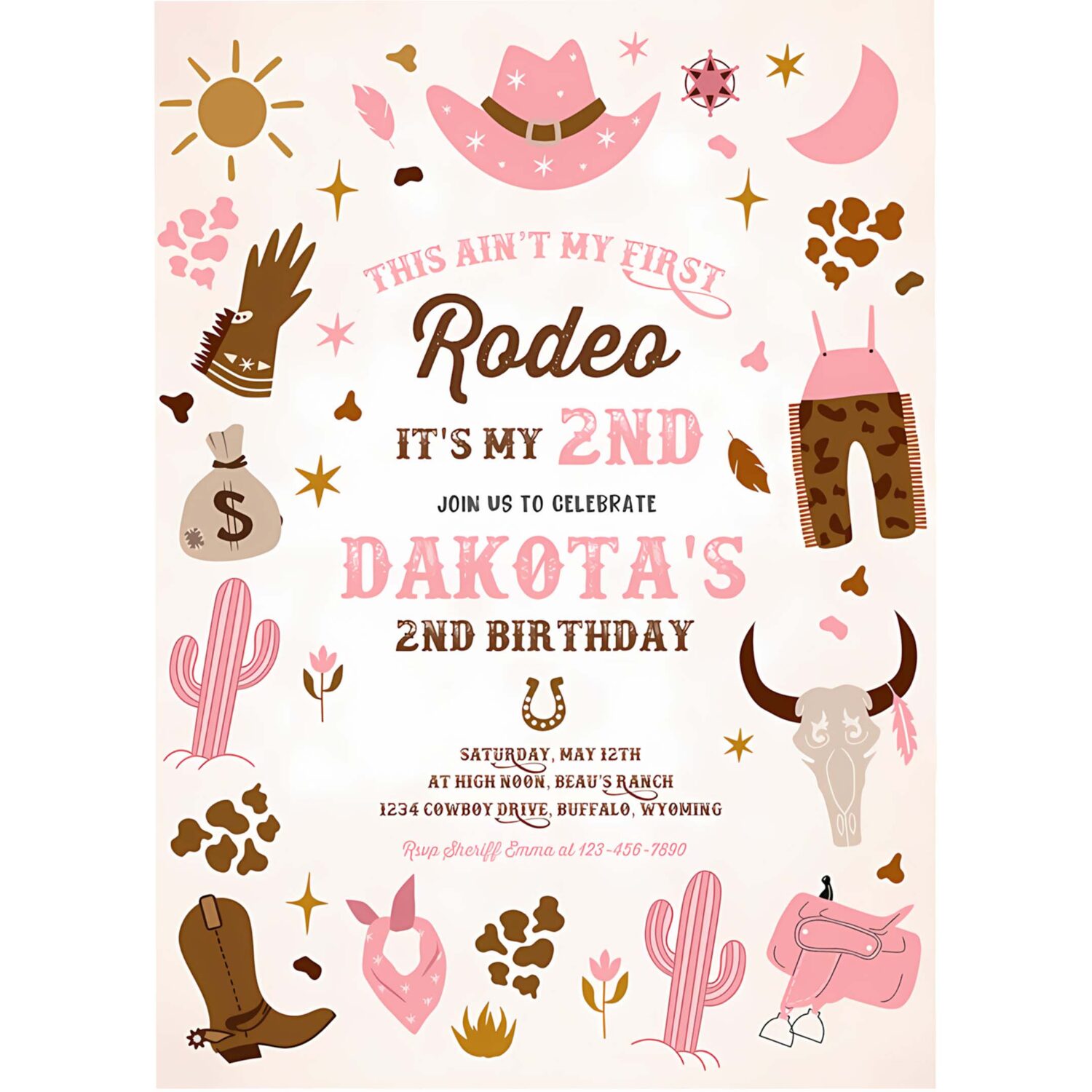 Editable second rodeo cowgirl birthday party invitation pink wild west cowgirl 2nd rodeo southwestern ranch birthday 4