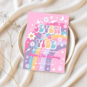 Editable seven is a vibe groovy 7th birthday party invitation pink purple blue groovy rainbow hippie 70s 7th birthday 1