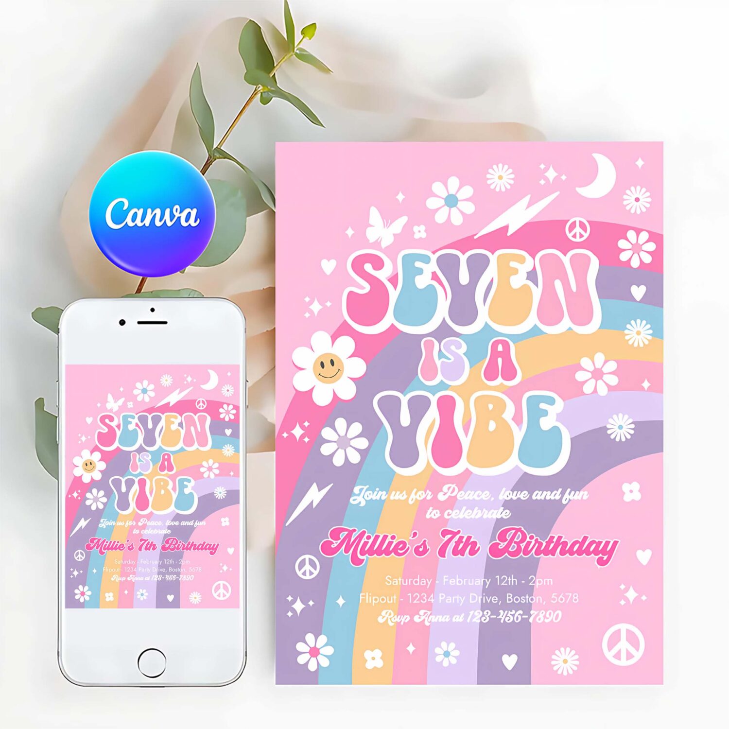 Editable seven is a vibe groovy 7th birthday party invitation pink purple blue groovy rainbow hippie 70s 7th birthday