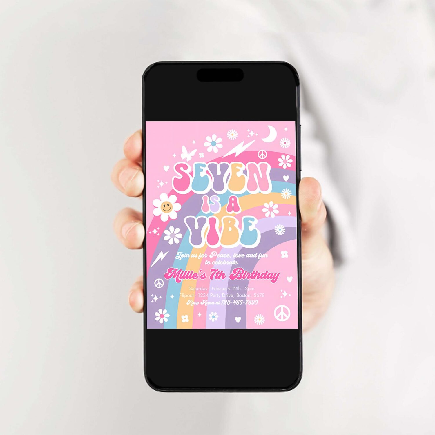 Editable seven is a vibe groovy 7th birthday party invitation pink purple blue groovy rainbow hippie 70s 7th birthday 2