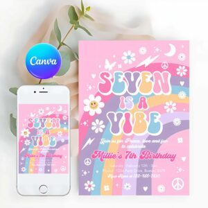 Groovy Invitation, Seven Is A Vibe Groovy 7th Birthday Party Invitation