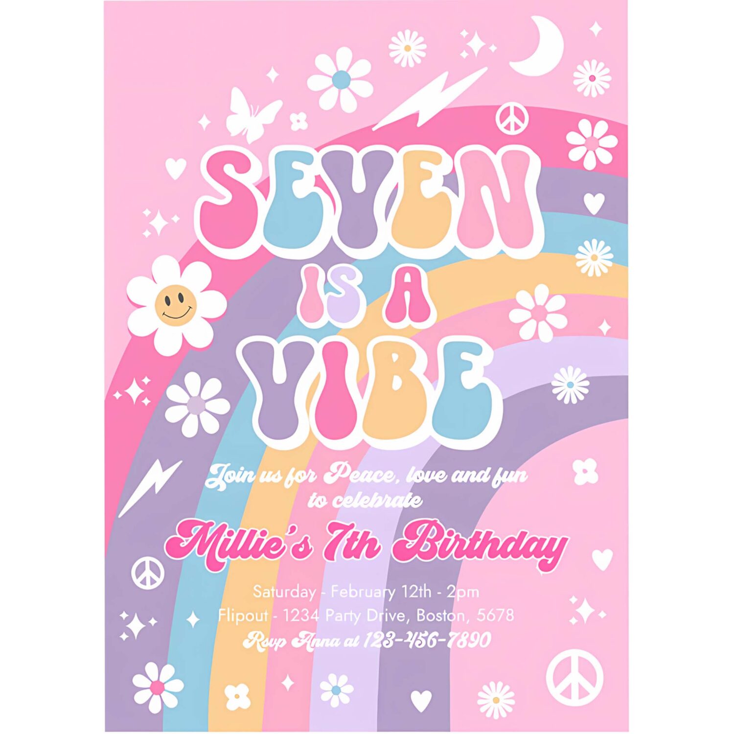 Editable seven is a vibe groovy 7th birthday party invitation pink purple blue groovy rainbow hippie 70s 7th birthday 4