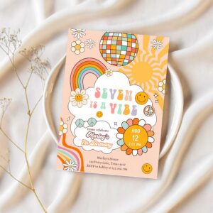 Editable seven is a vibe groovy birthday invitation 7th birthday invite rainbow peace love party girl download template corjl digital 0459 1