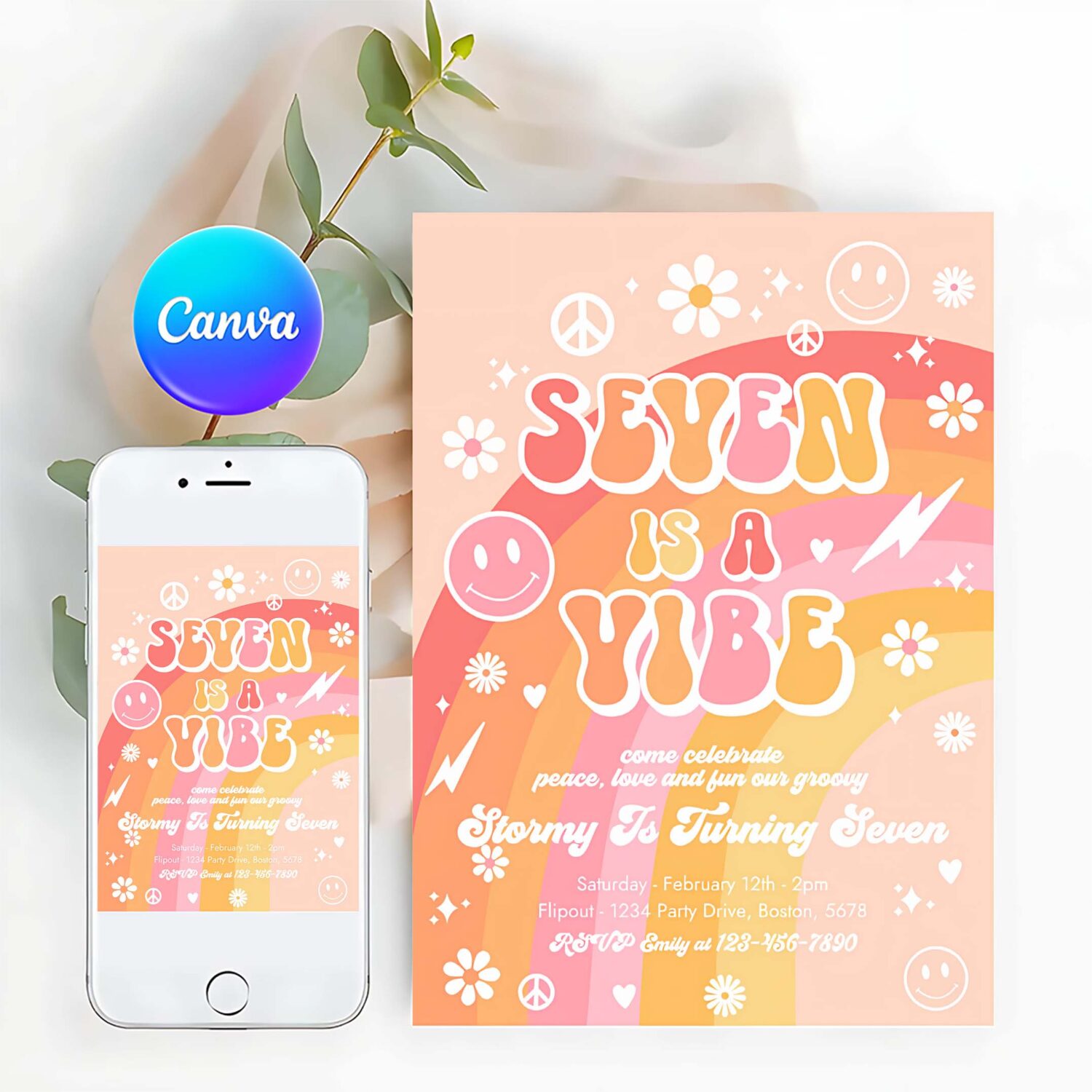 Editable seven is a vibe groovy birthday party invitation peace love party rainbow party hippie groovy 70s 7th birthday