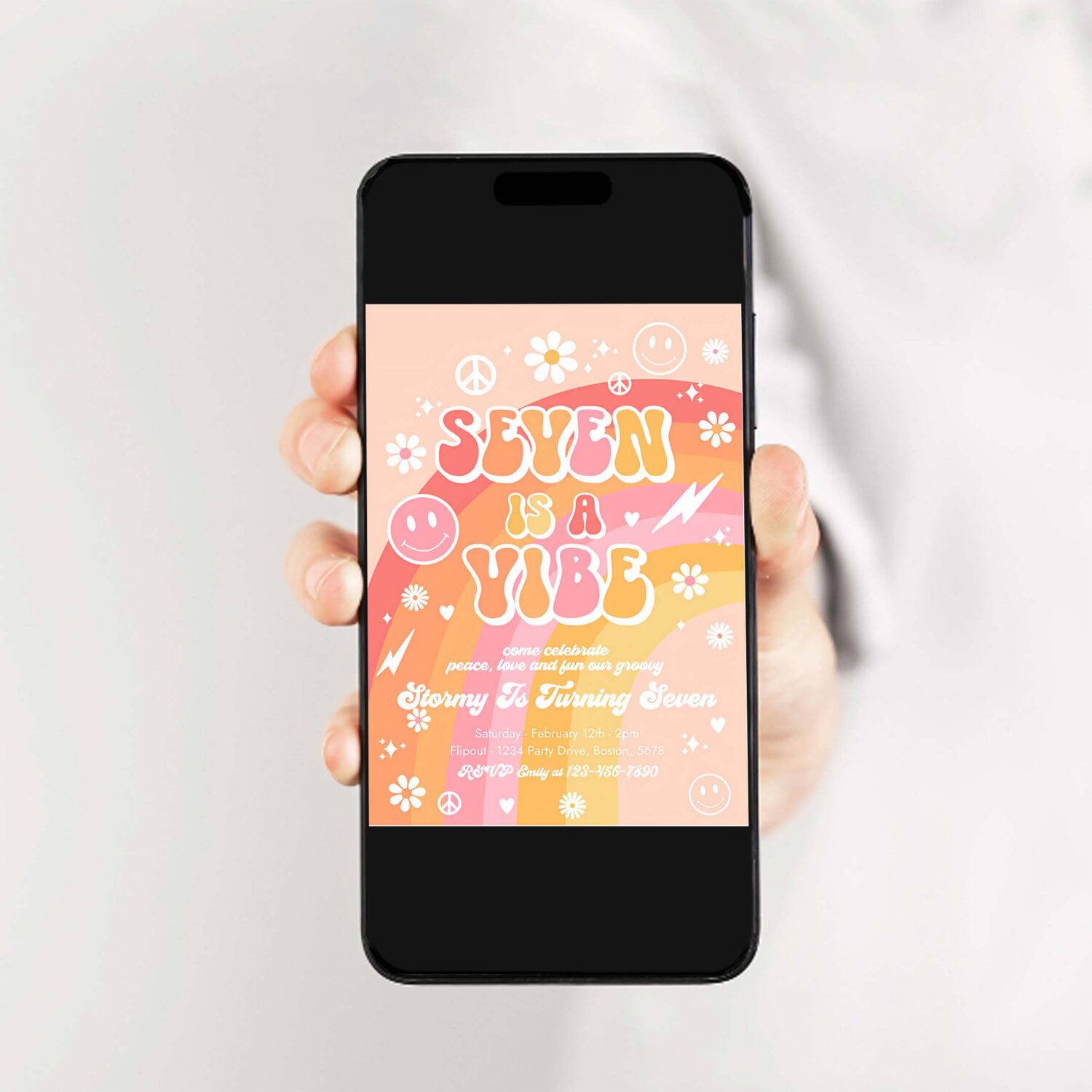 Editable seven is a vibe groovy birthday party invitation peace love party rainbow party hippie groovy 70s 7th birthday 2