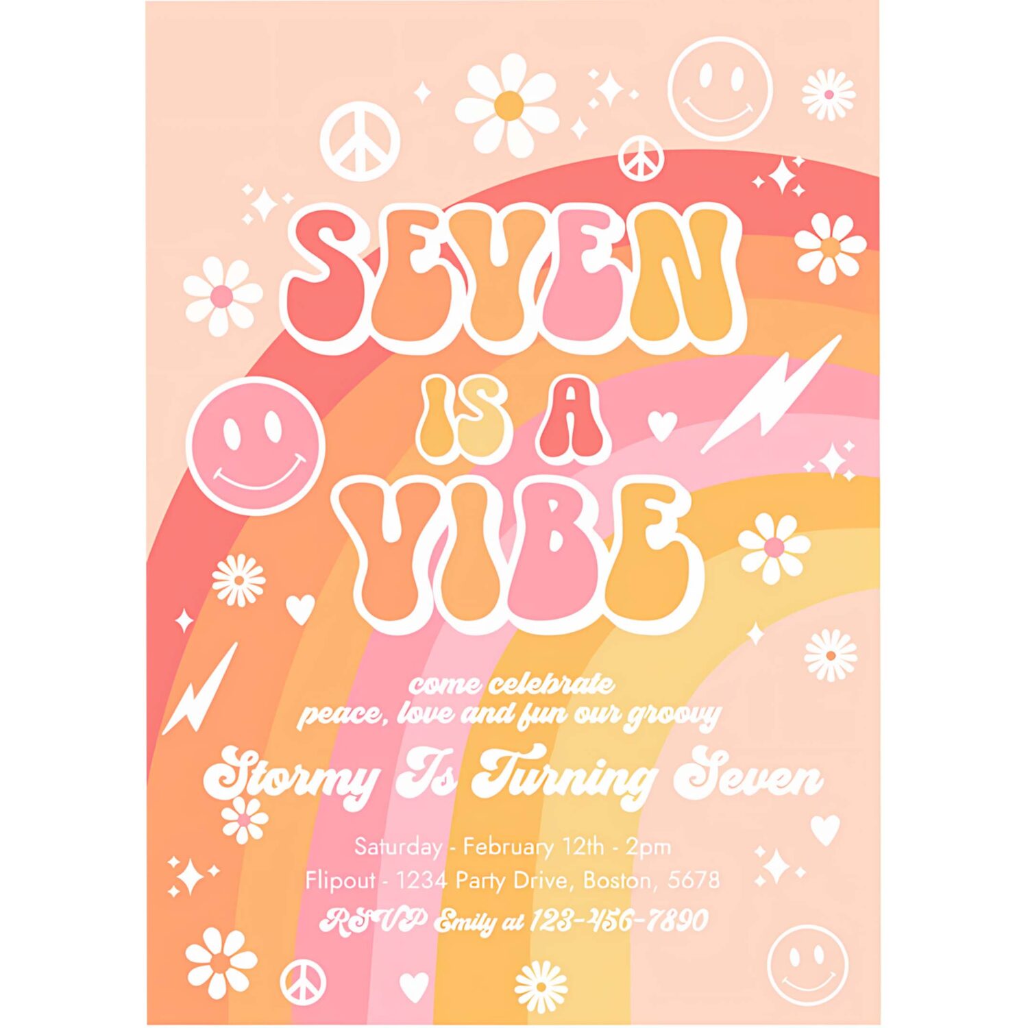 Editable seven is a vibe groovy birthday party invitation peace love party rainbow party hippie groovy 70s 7th birthday 4