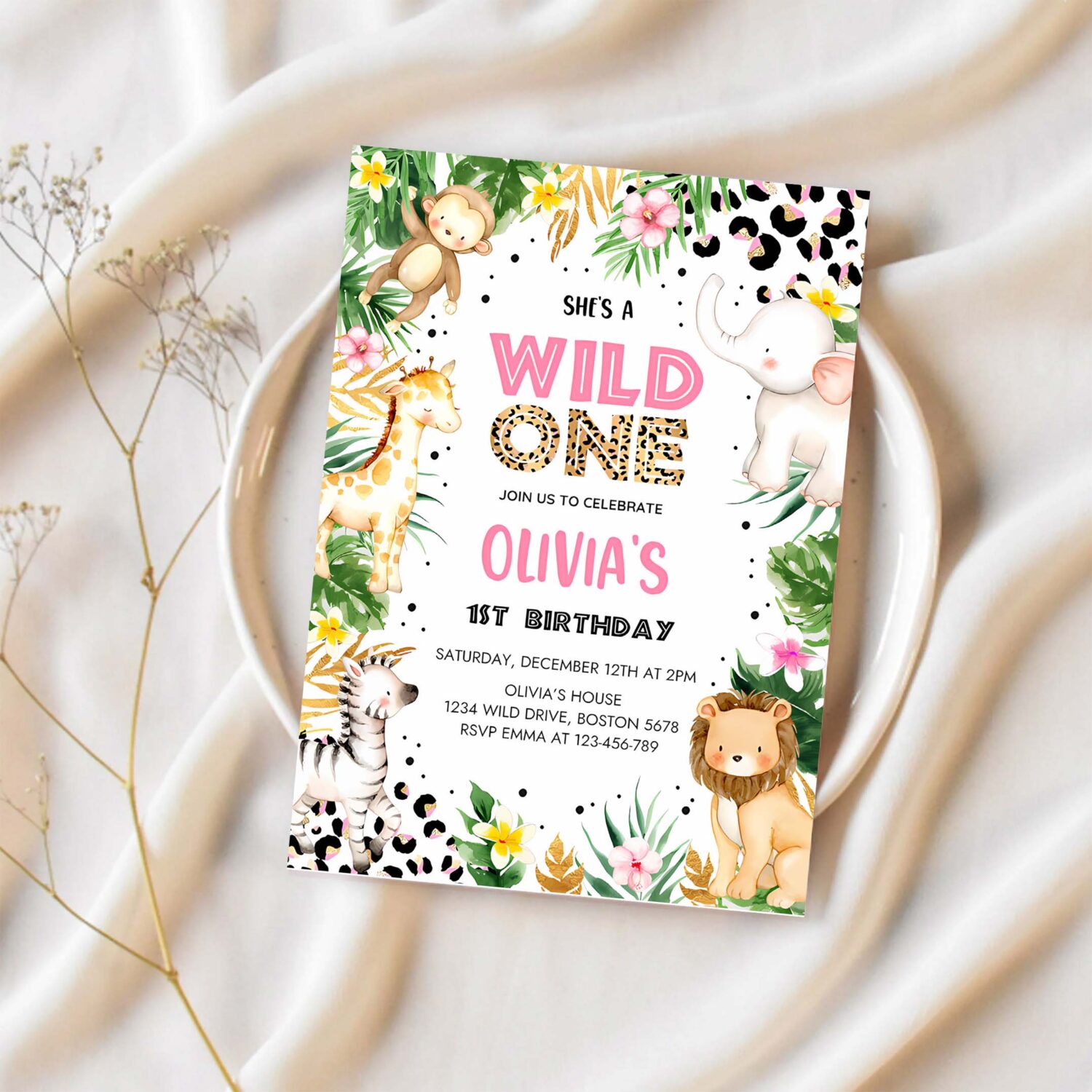 Editable shes a wild one leopard print safari animals 1st birthday party invitation leopard print jungle 1st birthday party 1