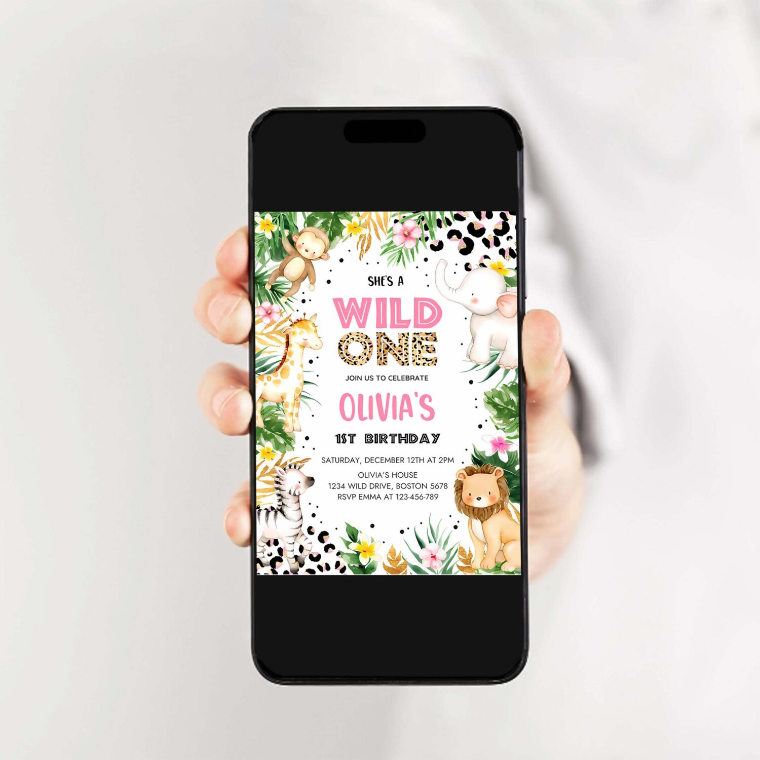 Editable shes a wild one leopard print safari animals 1st birthday party invitation leopard print jungle 1st birthday party 2