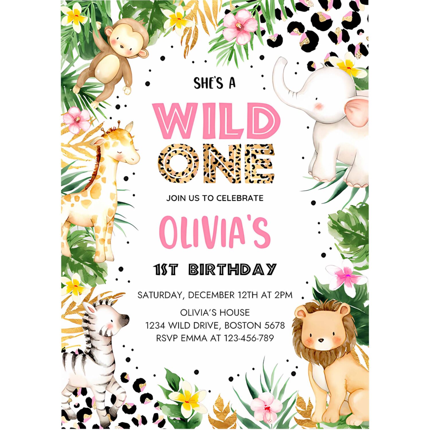 Editable shes a wild one leopard print safari animals 1st birthday party invitation leopard print jungle 1st birthday party 4