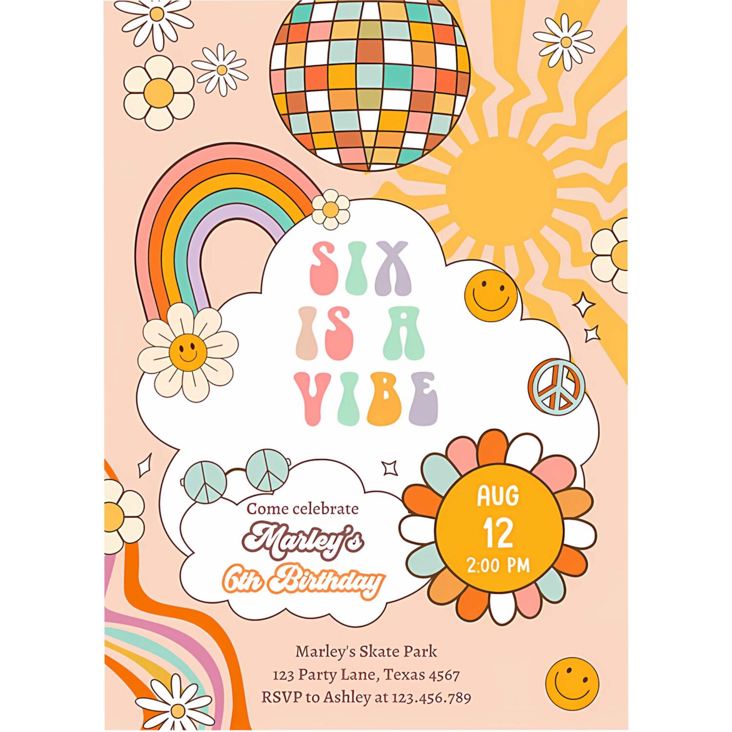 Editable six is a vibe groovy birthday invitation 6th birthday invite rainbow peace love party girl download template corjl digital 0459 4