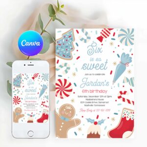 Cookie Party Invitation, Six Is So Sweet Christmas Cookie 6th Birthday Party Invitation Holiday Cookie Gingerbread 3rd Birthday Party