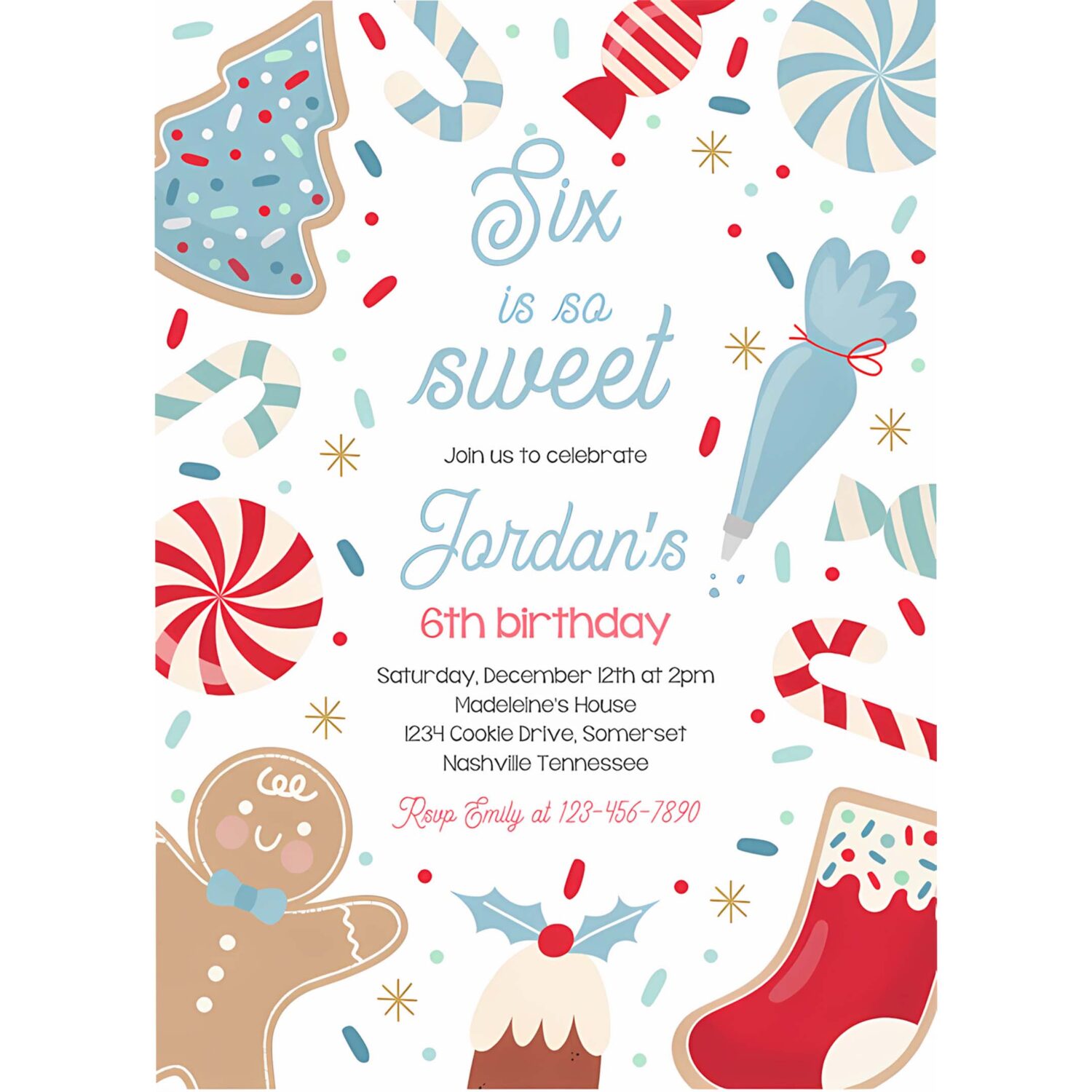 Editable six is so sweet christmas cookie 6th birthday party invitation holiday cookie gingerbread 3rd birthday party instant download swj 4