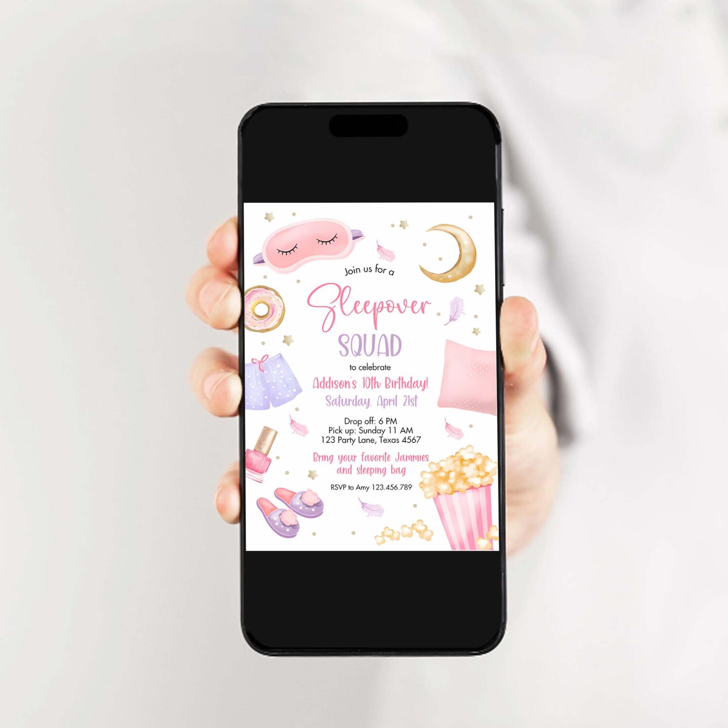 Editable sleepover squad birthday invitation slumber party birthday invite pink girl spa tween teen digital download template corjl 0447 2