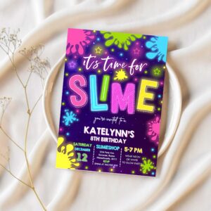 Editable slime invitation glow slime invitation neon slime birthday invite time for slime experiment slime party 1