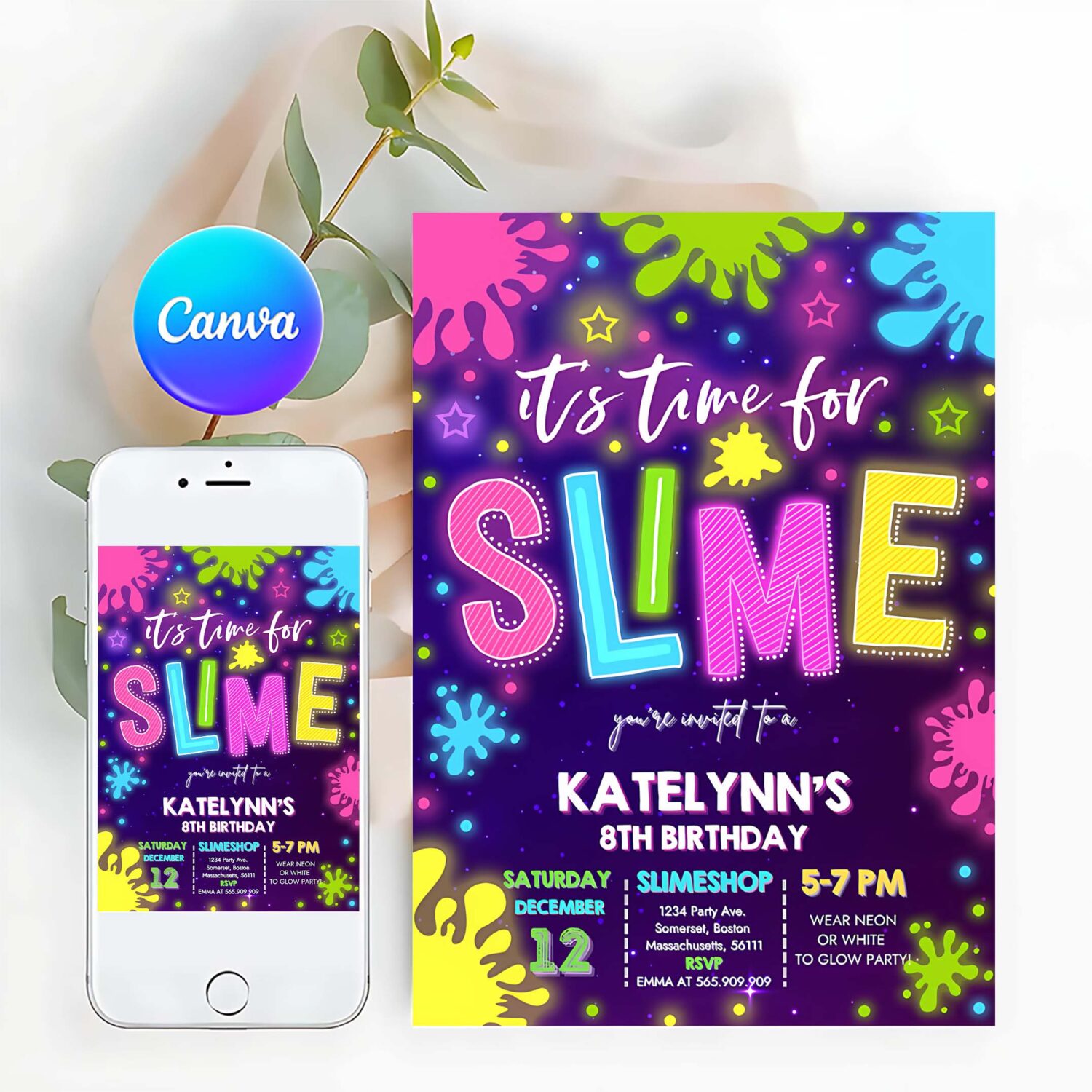 Editable slime invitation glow slime invitation neon slime birthday invite time for slime experiment slime party