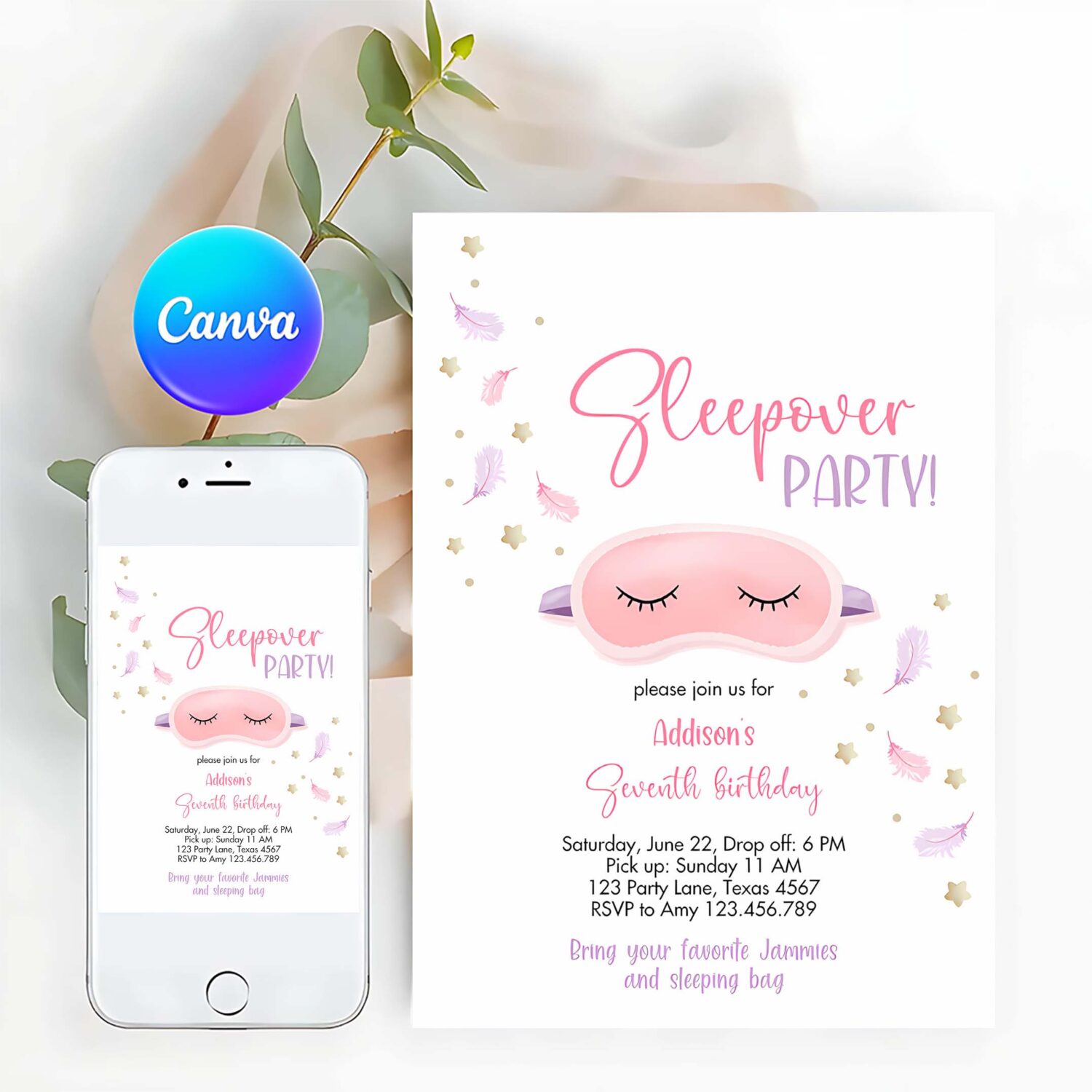 Editable slumber party birthday invitation sleepover birthday invite pink girl spa tween teen digital download printable template corjl 0447