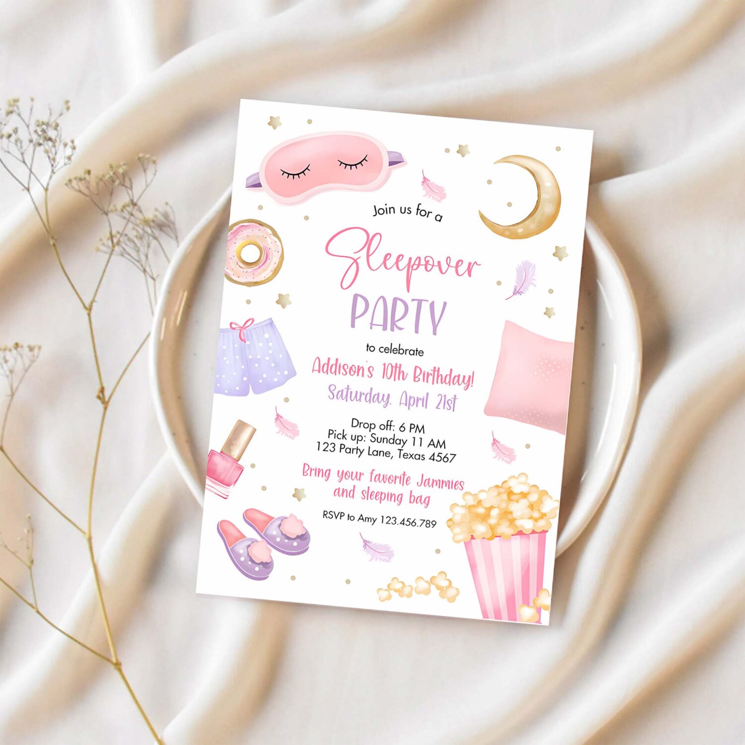 Editable slumber party birthday invitations sleepover birthday invite pink girl spa tween teen digital download printable template corjl 0447 1
