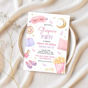 Editable slumber party birthday invitations sleepover birthday invite pink girl spa tween teen digital download printable template corjl 0447 1