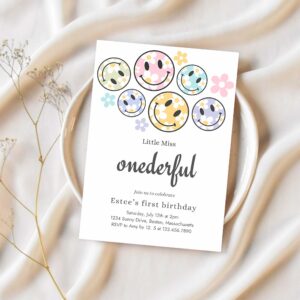 Editable smiley daisy face birthday invitation pastel daisy little miss onederful 1st birthday happy face party 1
