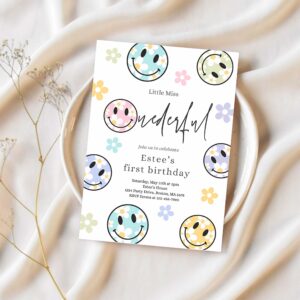 Editable smiley daisy face birthday party invitation pastel daisy little miss onederful 1st birthday happy face party 1