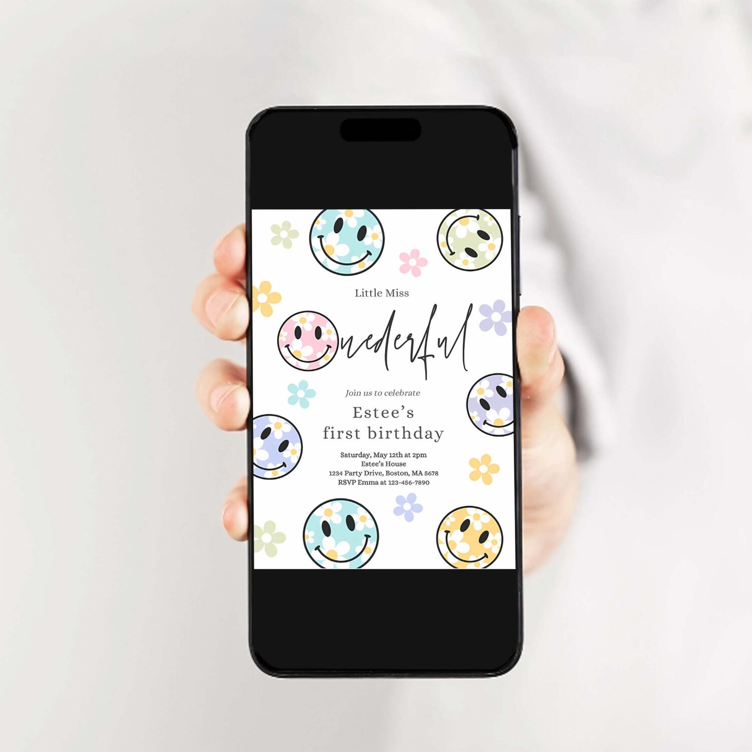 Editable smiley daisy face birthday party invitation pastel daisy little miss onederful 1st birthday happy face party 2