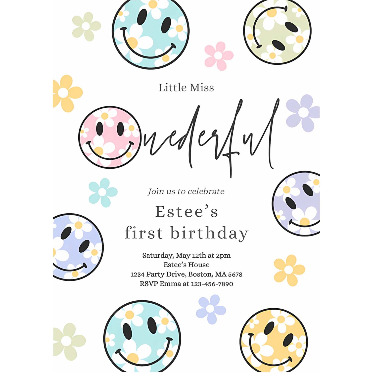 Editable smiley daisy face birthday party invitation pastel daisy little miss onederful 1st birthday happy face party 4