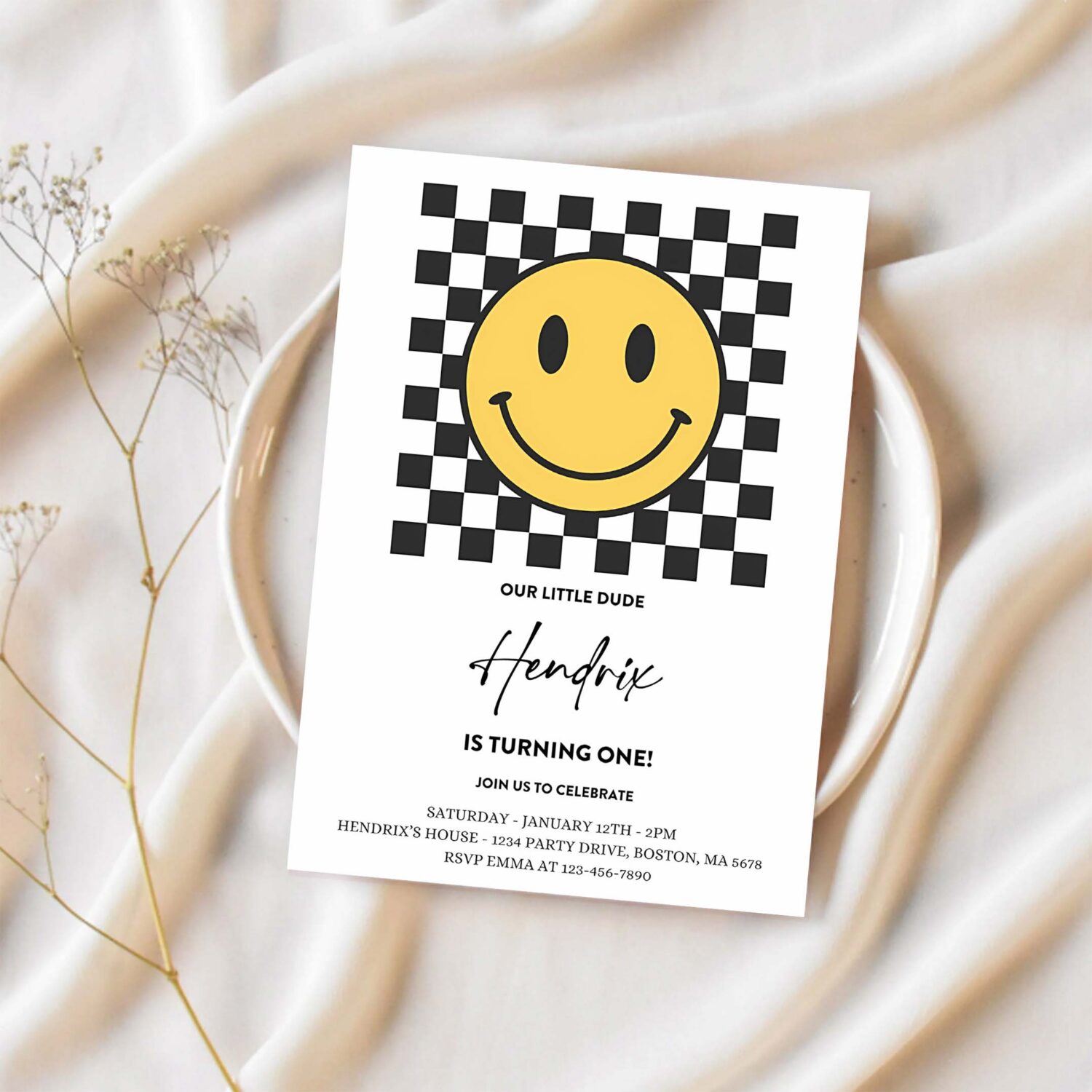 Editable smiley face 1st birthday invitation one cool dude 1st birthday smiley happy face birthday hipster 1st birthday 1