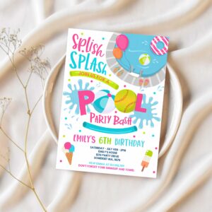 Editable softball pool party birthday invitation girl summer softball team pool party pool bbq birthday pool party 1