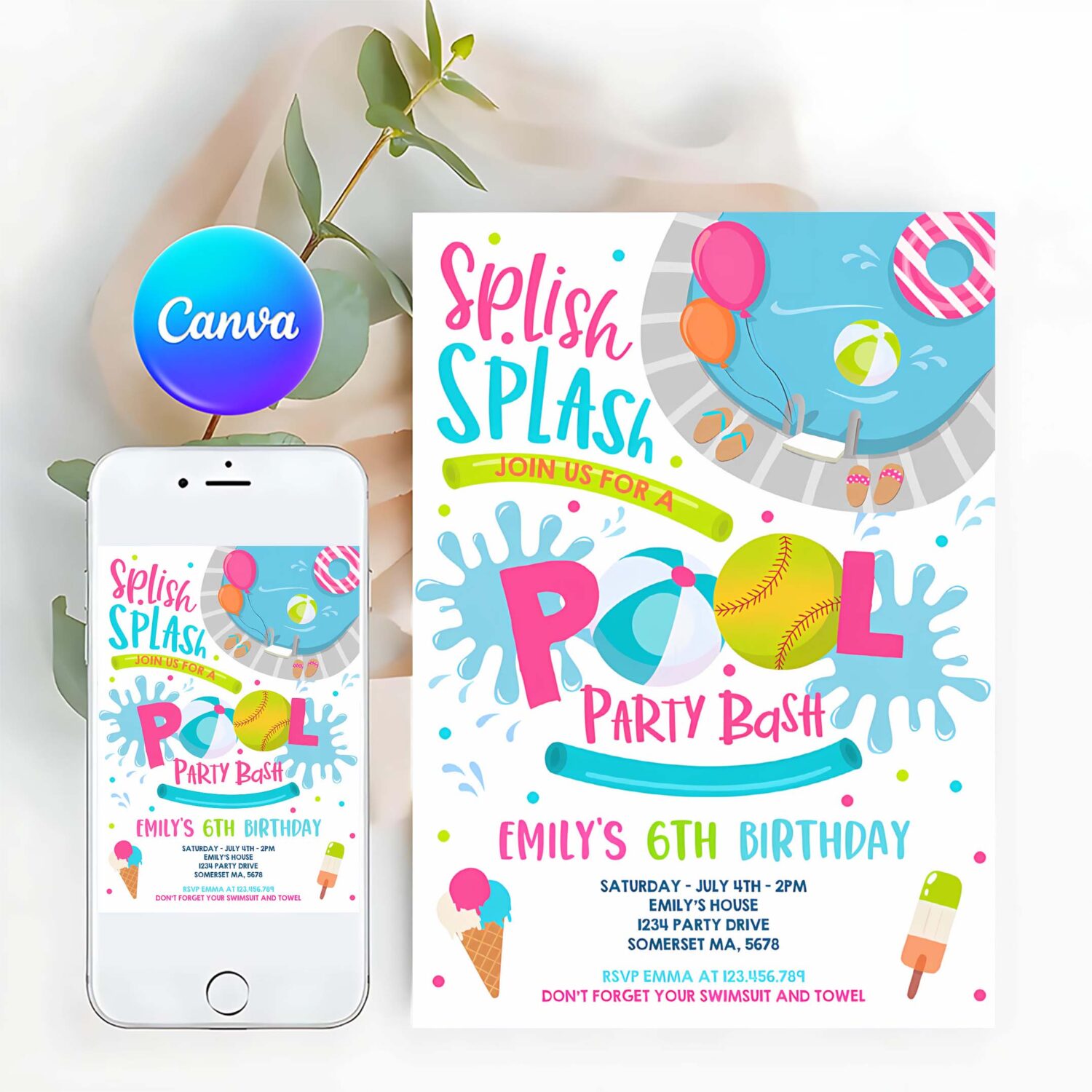 Editable softball pool party birthday invitation girl summer softball team pool party pool bbq birthday pool party