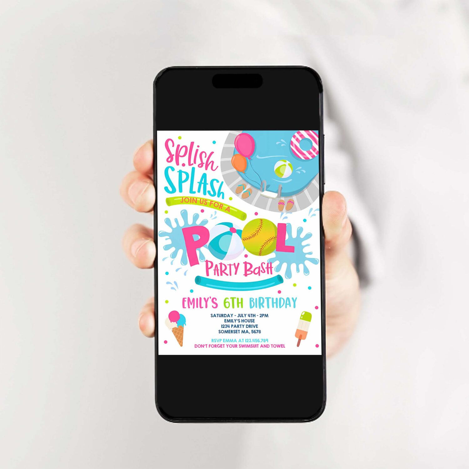 Editable softball pool party birthday invitation girl summer softball team pool party pool bbq birthday pool party 2