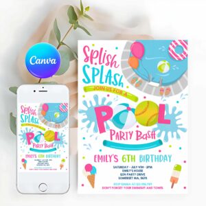 Pool Party Invitation, Softball Pool Party, Birthday Invitation