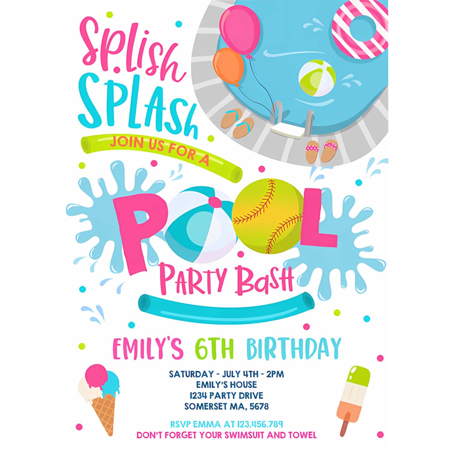 Editable softball pool party birthday invitation girl summer softball team pool party pool bbq birthday pool party 4