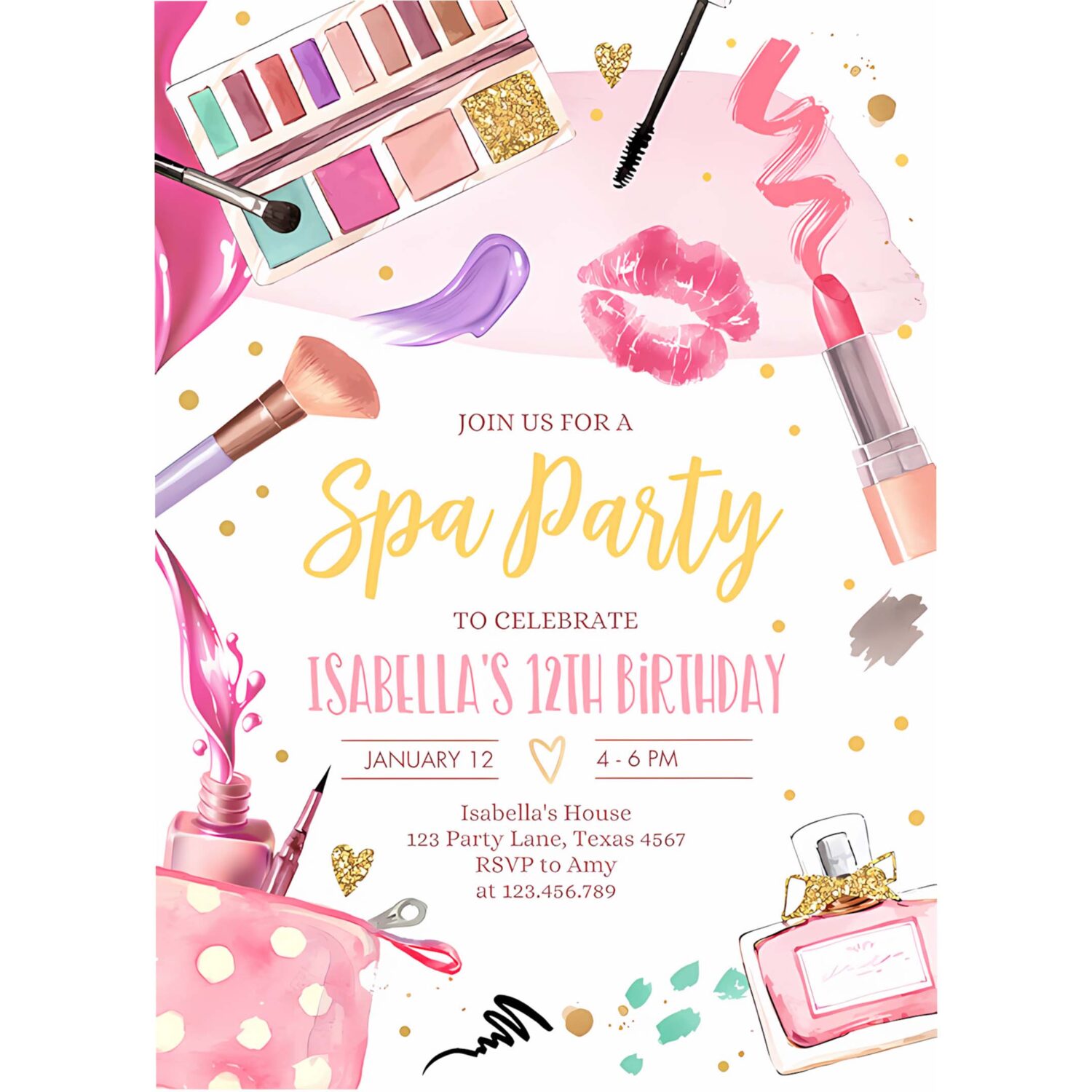 Editable spa makeup birthday invitation glam party girl birthday tween spa party invite pink gold download printable template corjl 0420 4