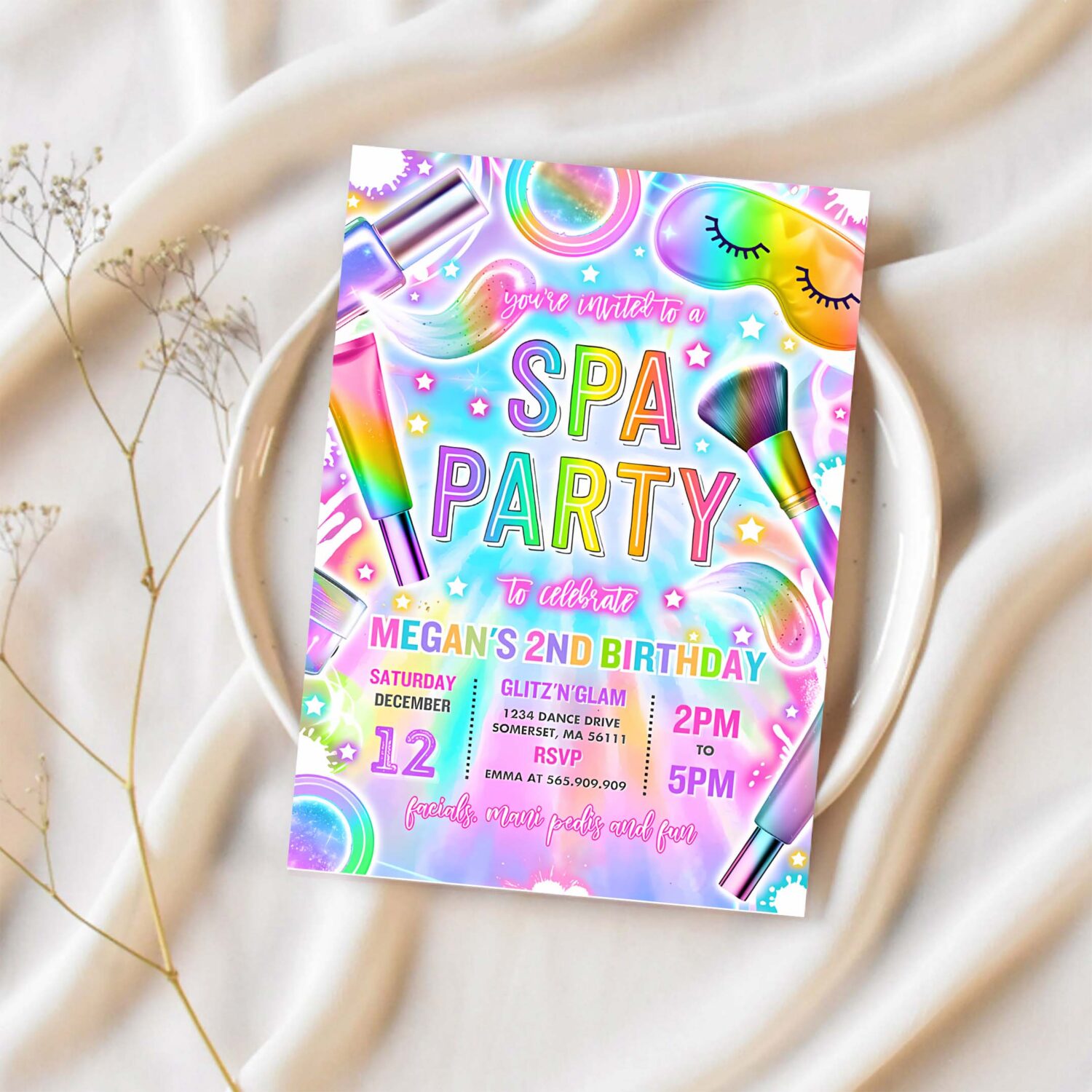 Editable spa makeup birthday invitation neon glow spa party invitation glitz and glam makeup neon glow birthday party instant download tr9 1