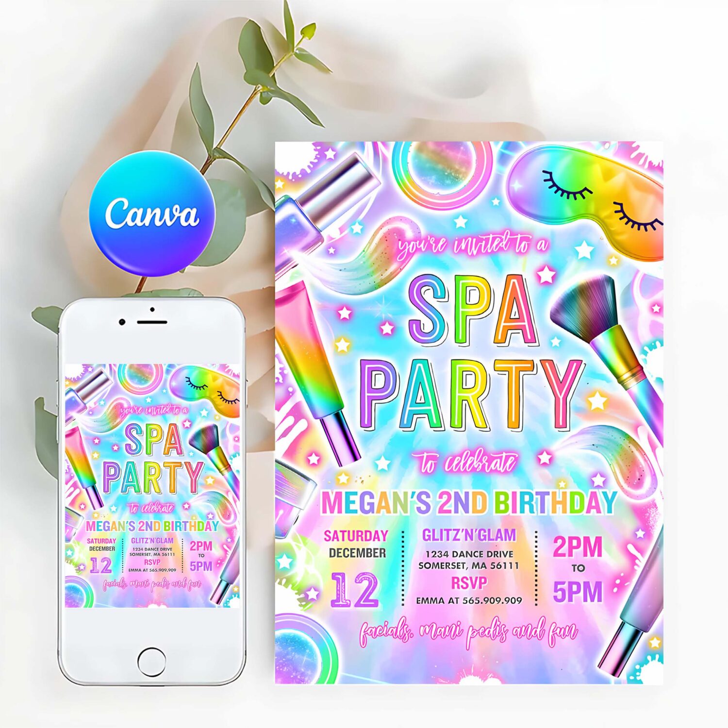 Editable spa makeup birthday invitation neon glow spa party invitation glitz and glam makeup neon glow birthday party instant download tr9