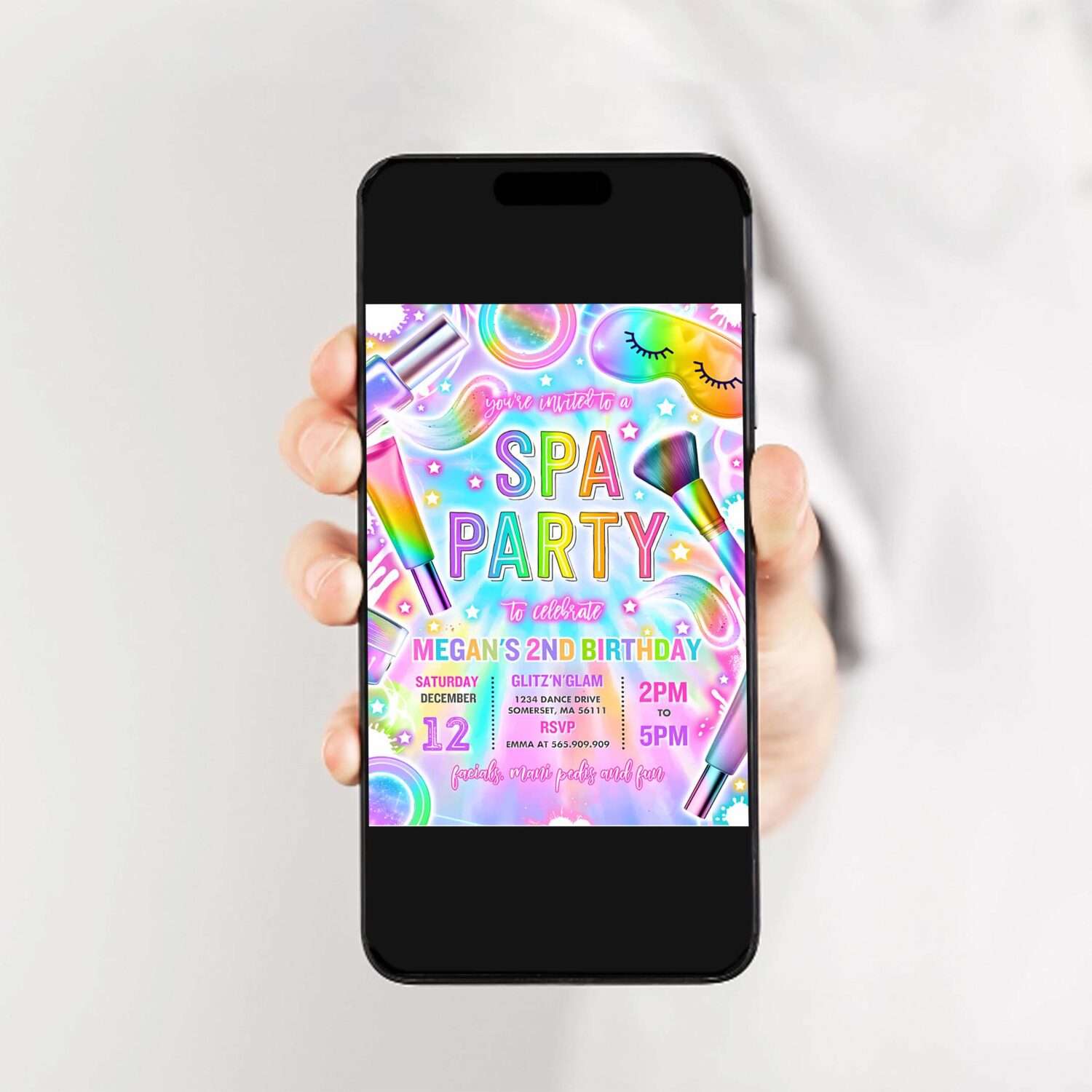 Editable spa makeup birthday invitation neon glow spa party invitation glitz and glam makeup neon glow birthday party instant download tr9 2