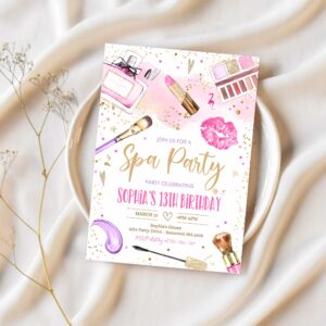 Editable spa makeup birthday party invitation glam party invitation girl pink and gold glam spa party tween party instant download ks 1