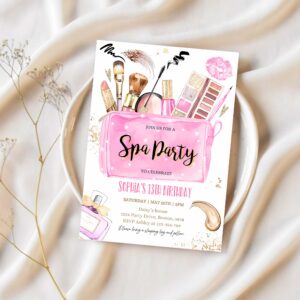 Editable spa makeup birthday party invitation glam party invitation girl pink and gold tween teen spa birthday party 1