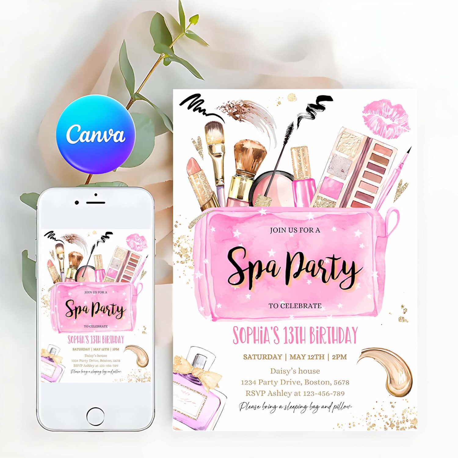 Editable spa makeup birthday party invitation glam party invitation girl pink and gold tween teen spa birthday party