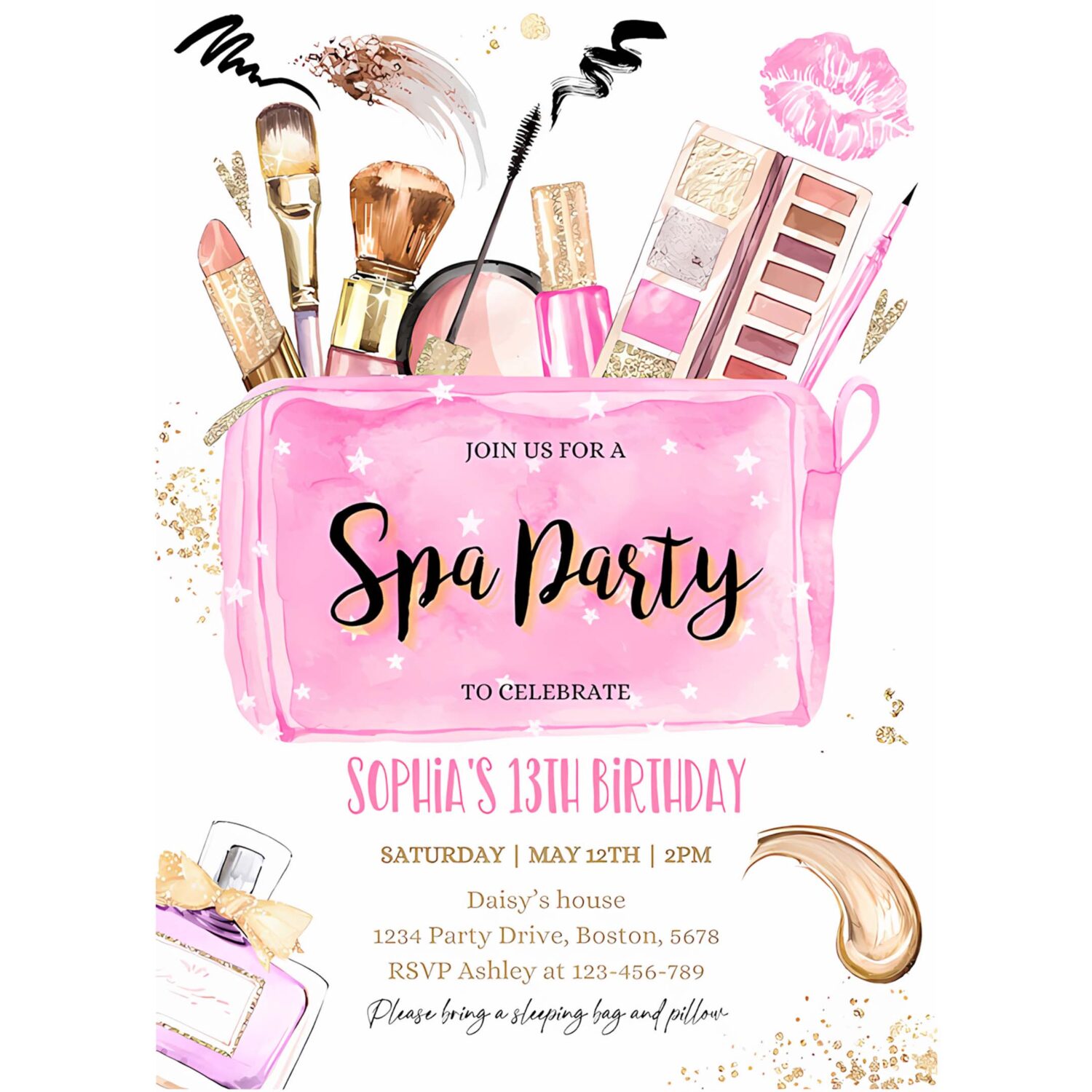 Editable spa makeup birthday party invitation glam party invitation girl pink and gold tween teen spa birthday party 4