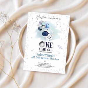 Editable space 1st birthday invitation houston we have a one year old rocket ship planets galaxy outer space party 1