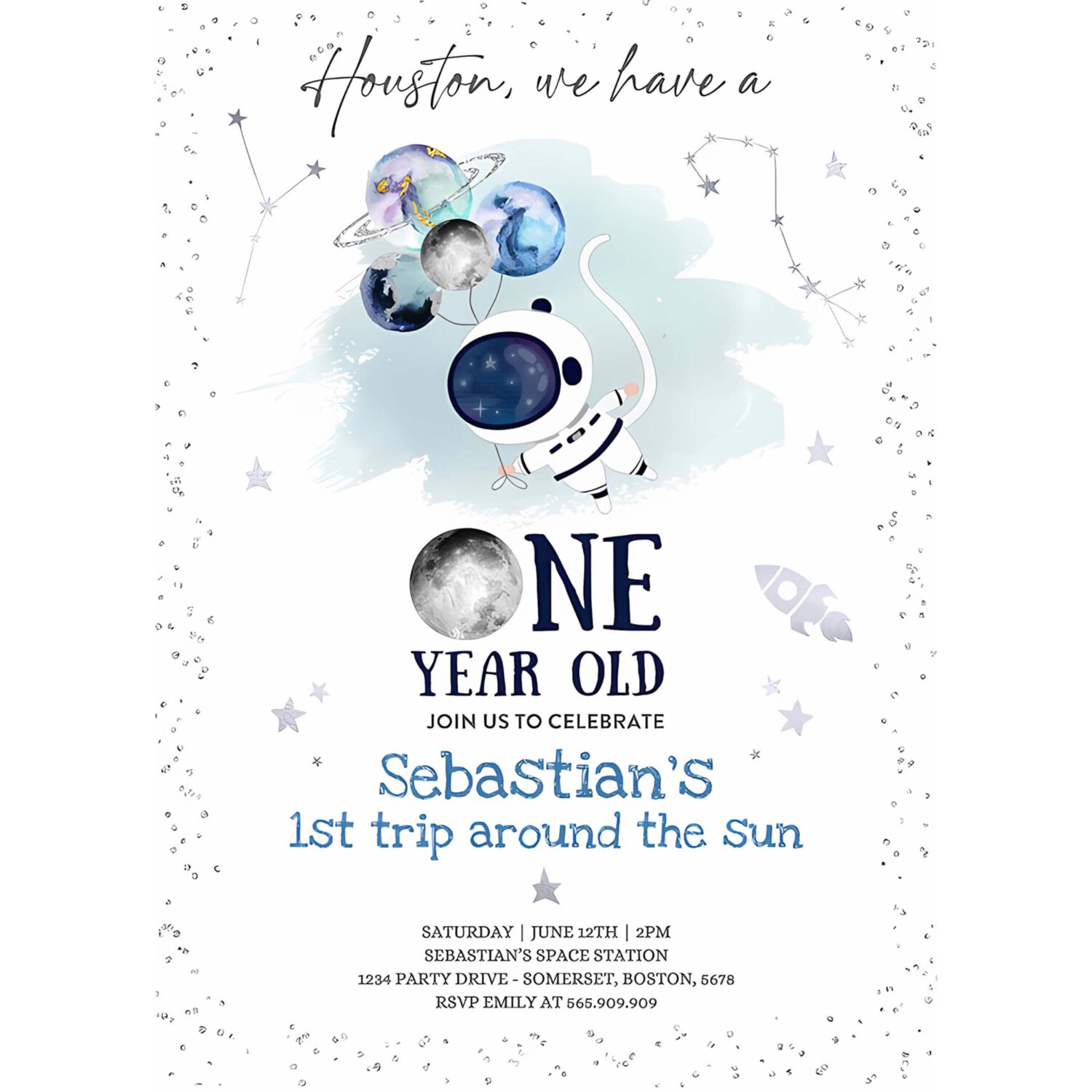 Editable space 1st birthday invitation houston we have a one year old rocket ship planets galaxy outer space party 4