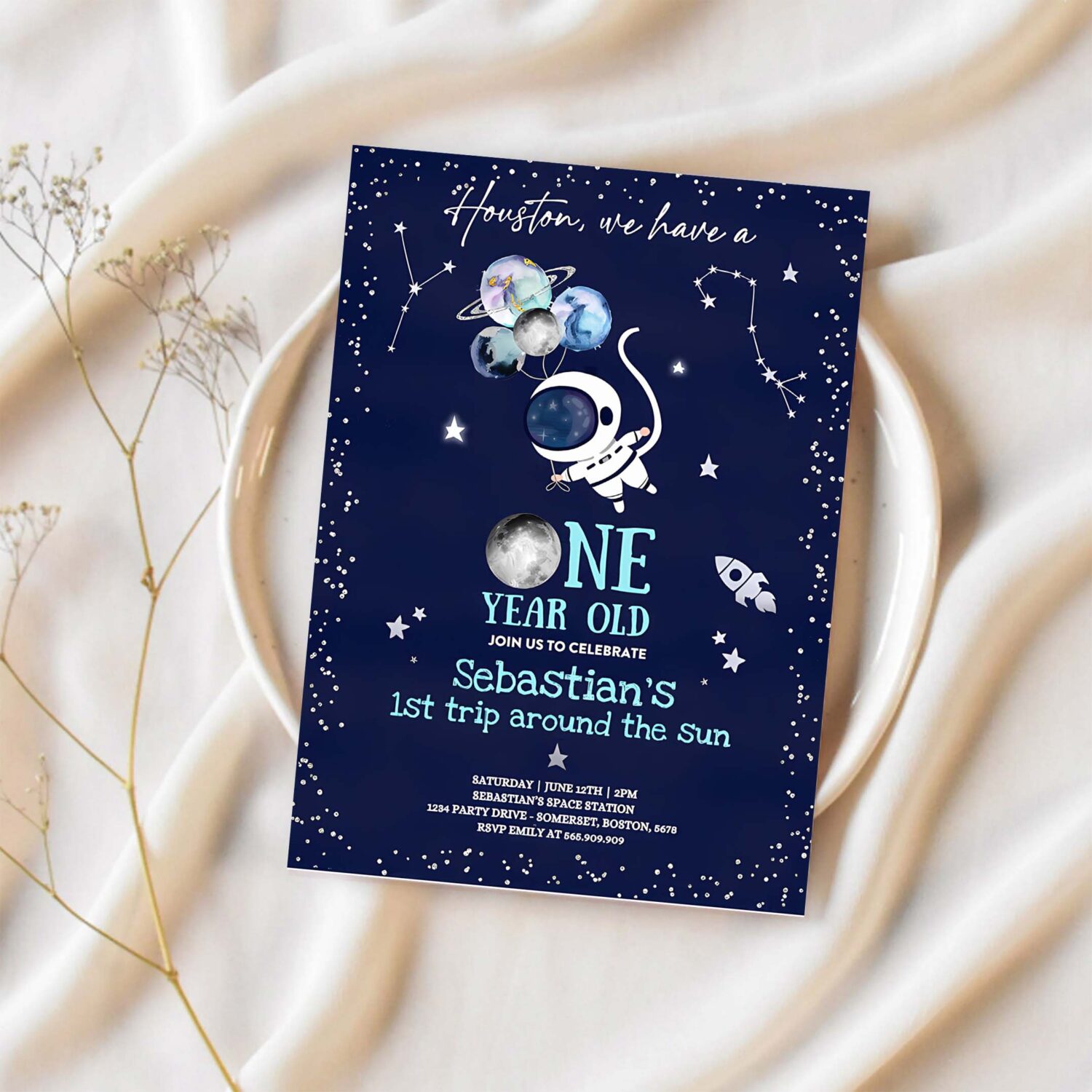 Editable space 1st birthday party invitation houston we have a one year old rocket ship planets galaxy outer space party 1
