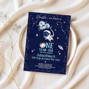 Editable space 1st birthday party invitation houston we have a one year old rocket ship planets galaxy outer space party 1