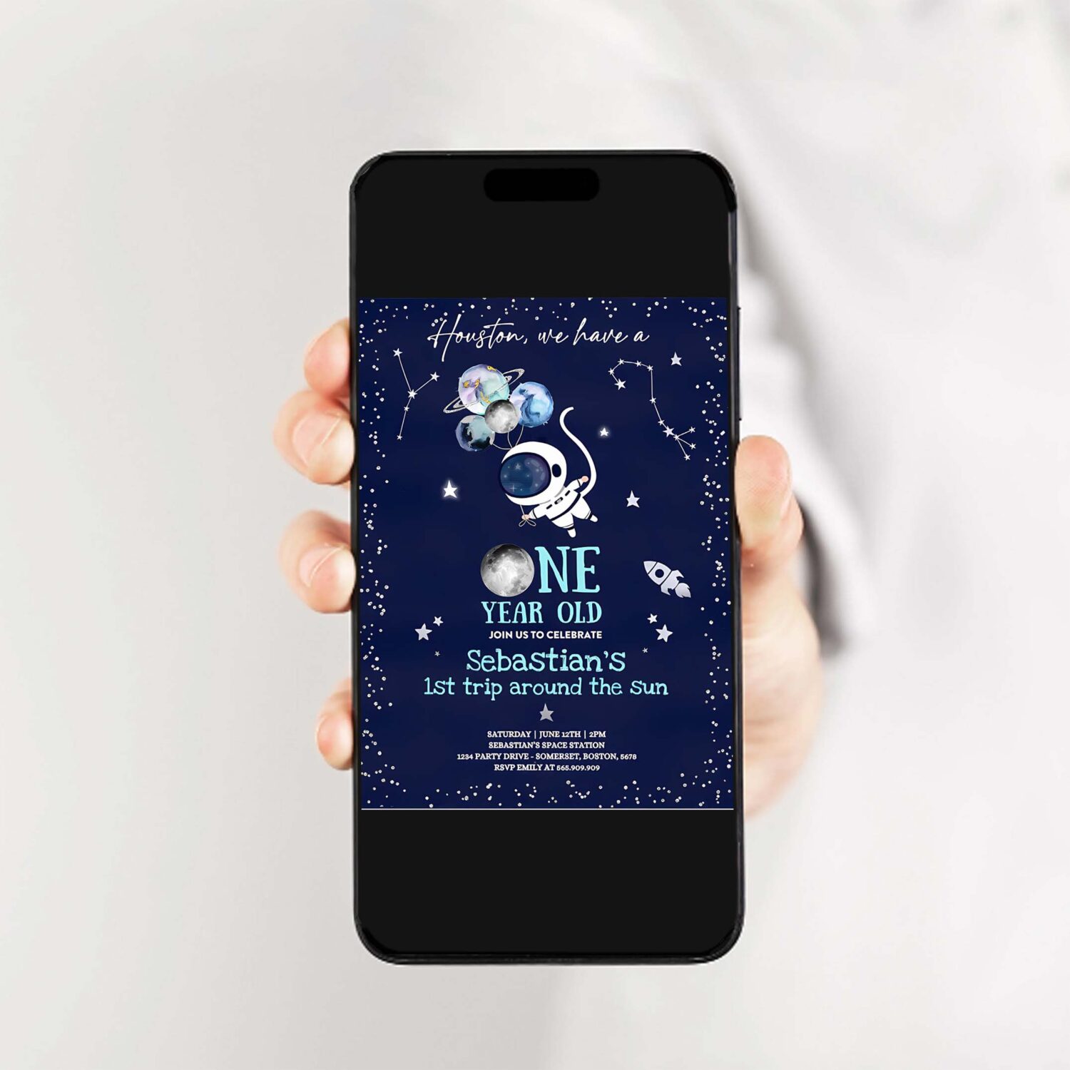 Editable space 1st birthday party invitation houston we have a one year old rocket ship planets galaxy outer space party 2